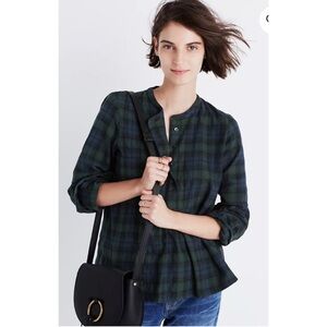 Madewell Market Popover Shirt Dark Plaid Navy and Green Small Cotton Wool